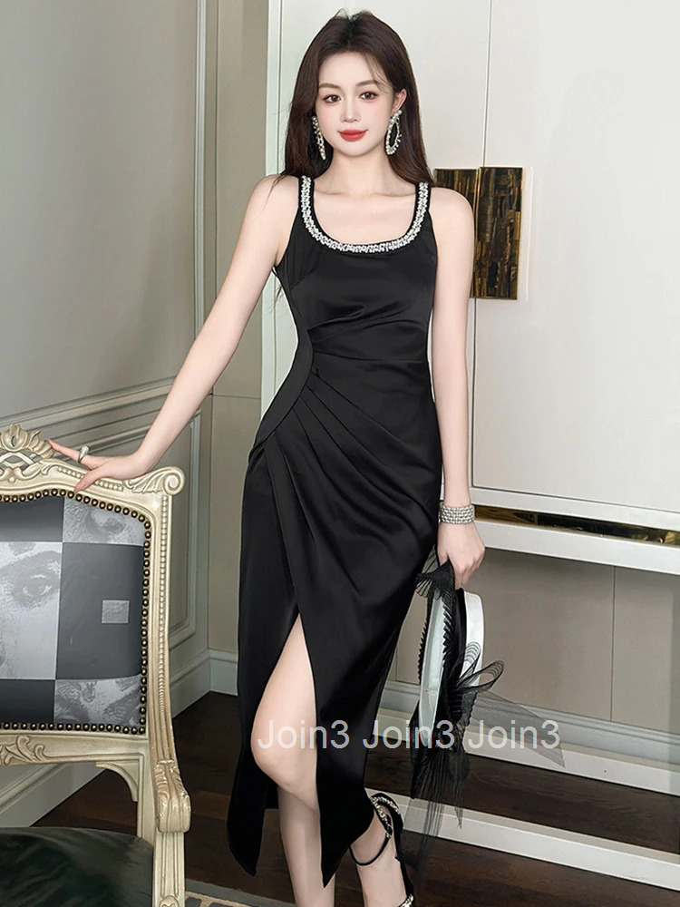 Summer Fashion Satin Black Elegant Luxury Retro Evening Dress Women Clothes Sexy Sleeveless Slim Party Club Prom Vestidos Fiesta