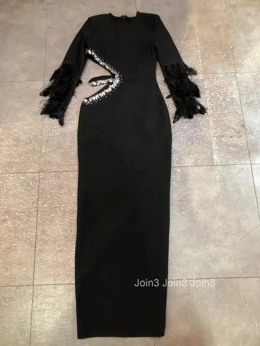 Spring Womens Clothing Elegant Vintage Black Long Sleeves With Feathers Gown Sexy Side Waist Cut Out Rhinestone Bandage Dress