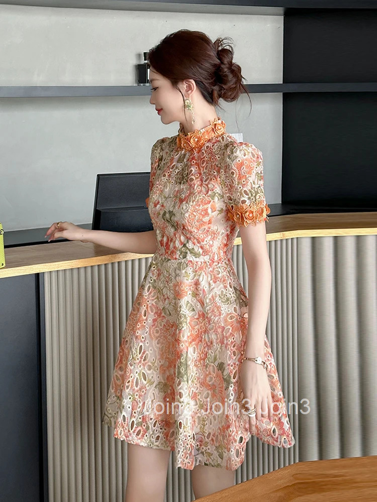 Elegant Floral Embroidery Summer Fashion Vacation Short Dress Women Clothes Short Sleeve Slim A-Line Party Prom Vestidos Fiesta