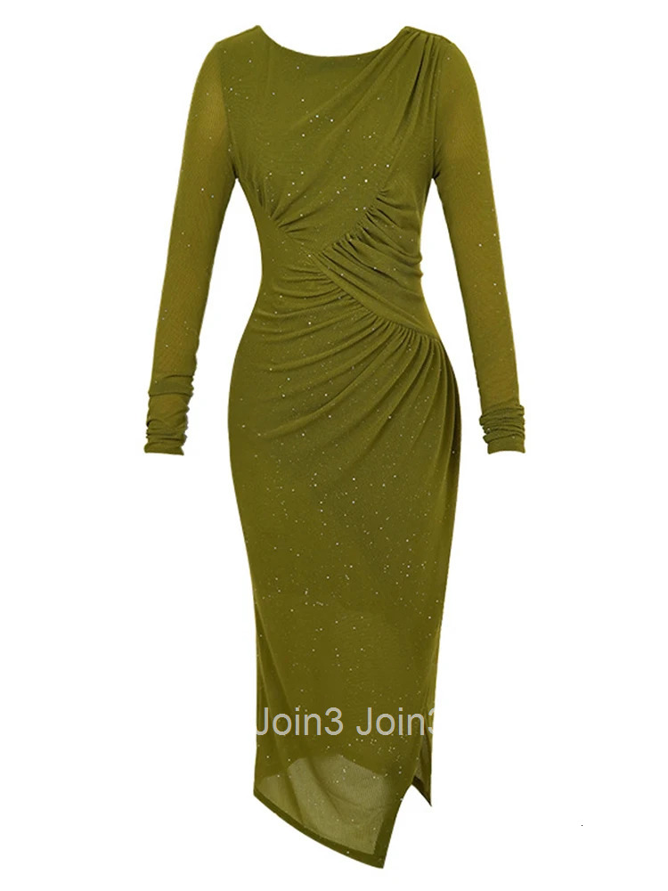 New Fashion Lady Mesh Elegant Sequin Long Asymmetrical Dress Women Stretchy Clothing Sexy O-Neck Folds Party Prom Robe Vestidos