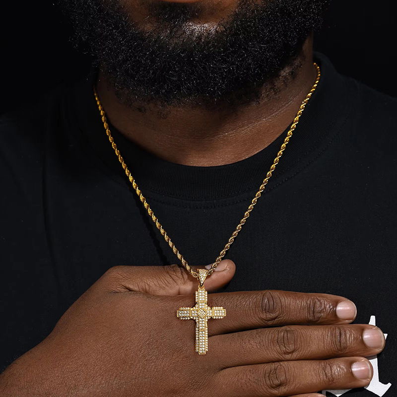 Luxury Jewelry Diamond set Full - Diamond Cross Pendant Necklace Unisex Hip Hop Moissanite Chain