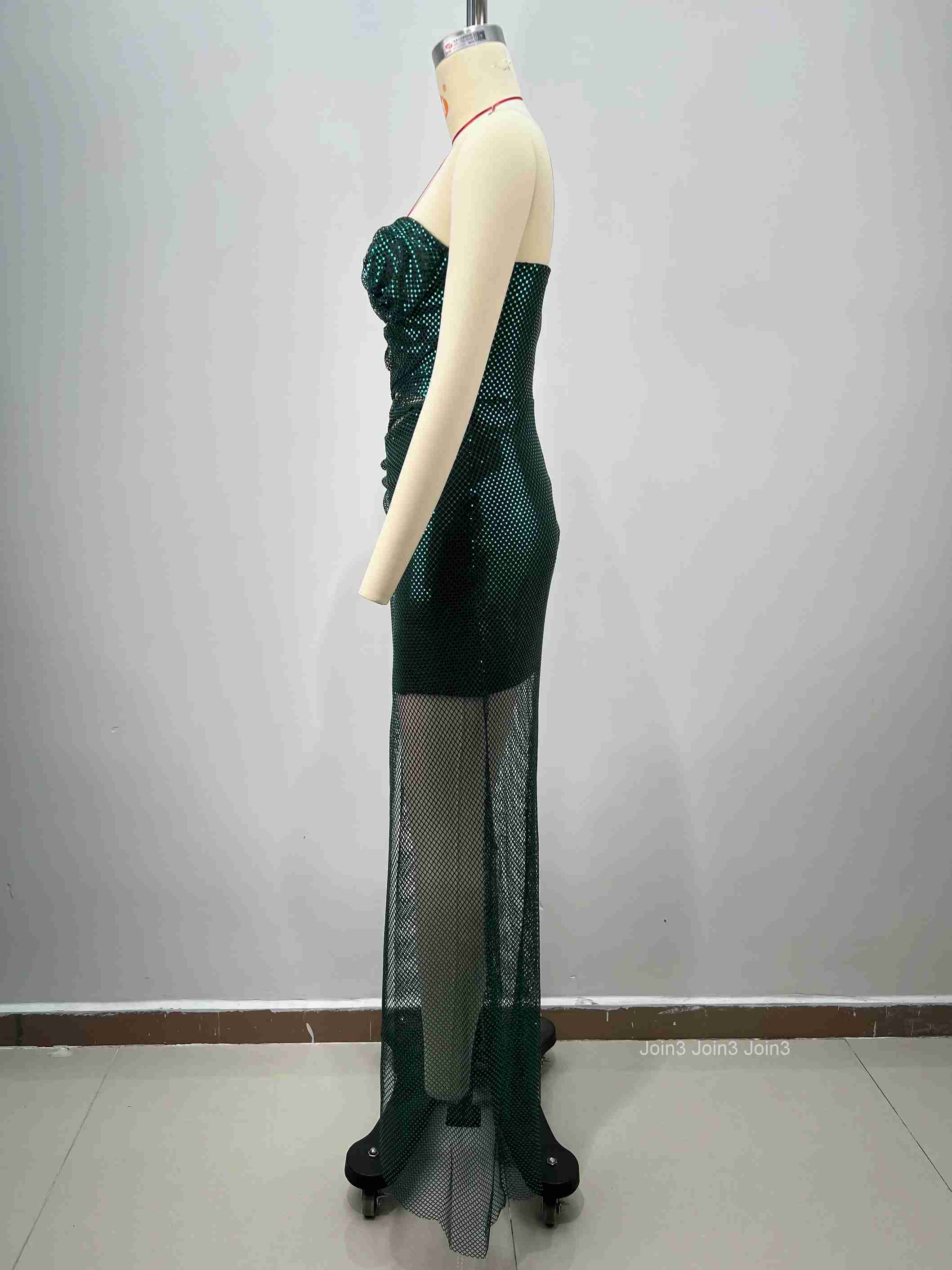 Womens Green Bandage Dress Off-Shoulder Sequin 3D Floral Appliques Cut-Out High Slit Sheer Mesh Evening Gown
