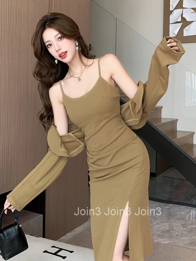New Spring Autumn 2 Pieces Outfit Suits Women Ladies Clothes Elegant Short Jacket Coat Blazer And Strap Slim Midi Robe Dress Set