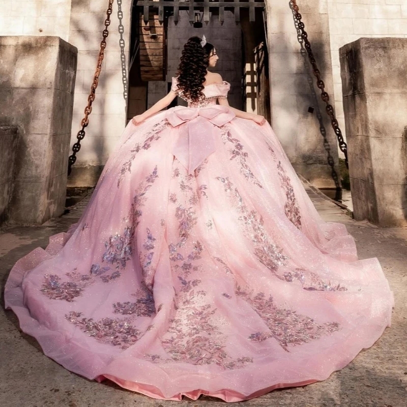 Pink Glitter Ball Gown Quinceanera Dresses Sequins Applique Lace Beading Crystal Bow Tull Sweet 16 Dress Vestidos De 15 Anos