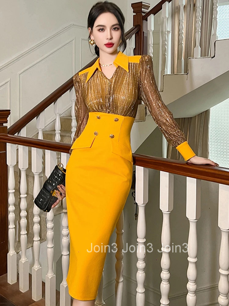 New Spring Fashion Lady Elegant Office Formal Occasion Dress Women Clothes Commute Lapel Patchwork High Waist Hip Wrap Vestidos