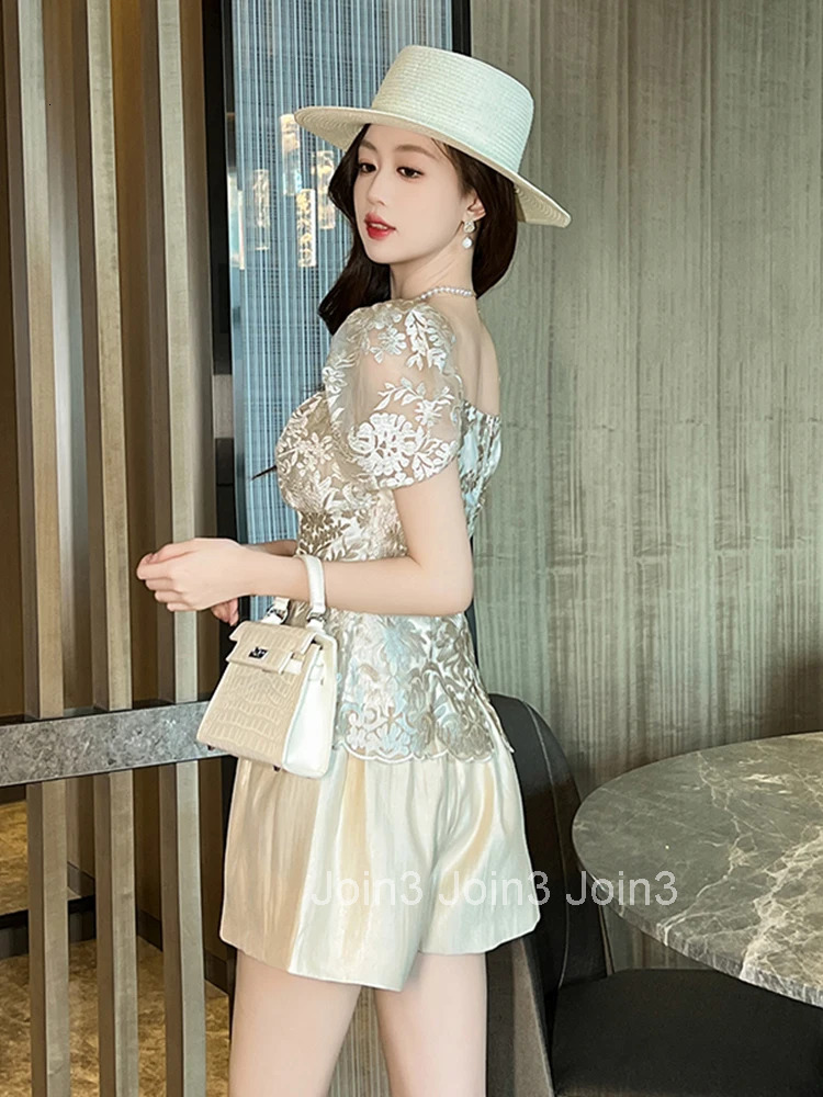 New Fashion Summer Sweet 2 Pieces Outfit Women Clothes Lace Square Collar Tops Shirt Blouse And High Waist Shorts Mujer Slim Set