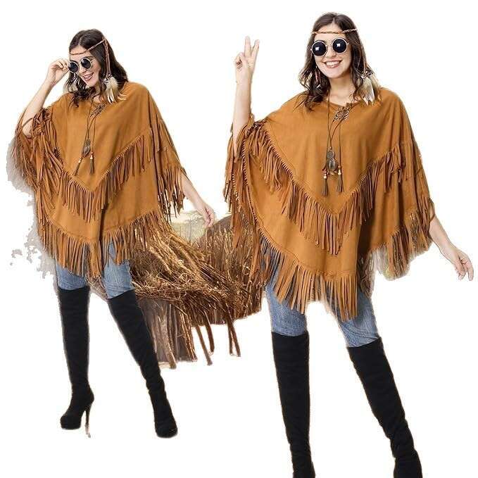 Carnival Hippie Halloween Indigenous Indian Suede Vest Top Tassel Shawl Cape B5