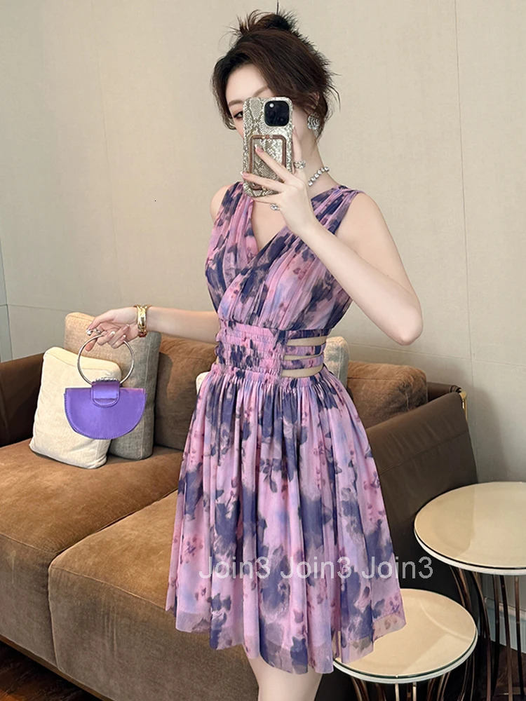 Women Clothes Floral Print Sexy Sleeveless Hollow Slim Mini Short A-Line Dress Elegant Fashion Party Vestido Vacation Casual New