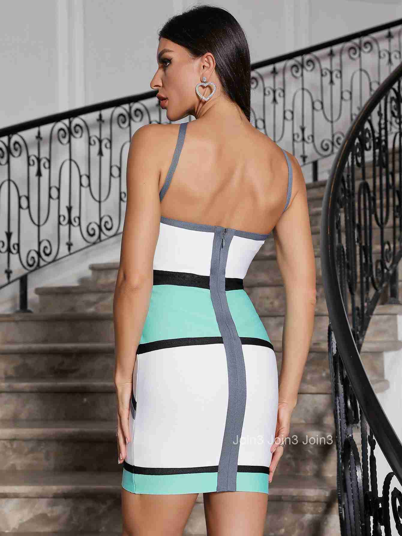 Spring Fashion New Style Pretty Line Design Mix Color Hanging Neck Dress Casual Bandage Slim Mini Vestidos Party Wear For Women