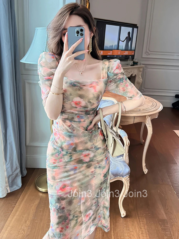 New Mesh Elegant Women Evening Dress Temperament Vintage Flower Sheer Slit Midi Party Club Beach Boho Robe Femme Mujer Vestidos