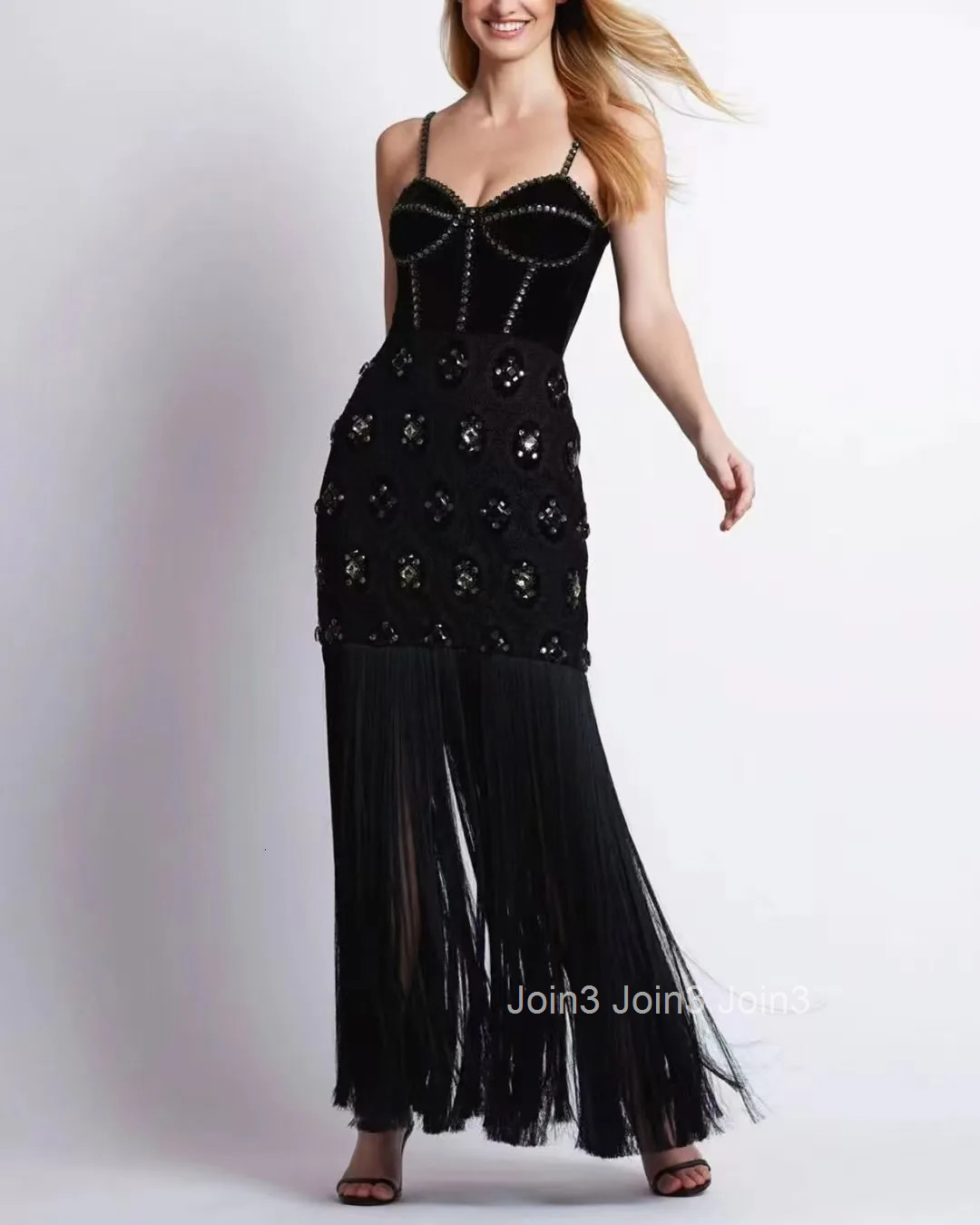 Winter Outfits Womens Fashion Luxury Diamonds Decoration Tassel Design Sleeveless Long Elegant Evening Party Gown Bandage Skirt