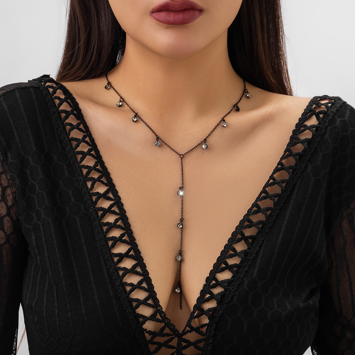 Jewelry Minimalist Style Thin Chain Metal Elegant Long Y-shaped Tassel Rhinestone Necklace for Women