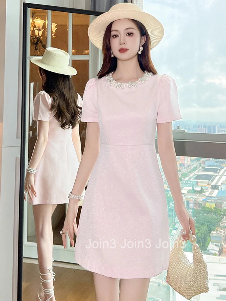 Summer Fashion Formal Occasion Evening Dress Women Elegant Luxury Pearl O-Neck Slim A-Line Short Party Vestidos Street Clothes