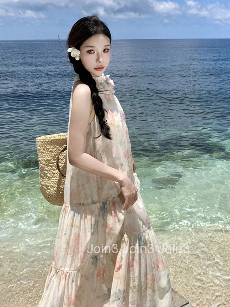 Women Vacation Clothes Sweet Floral Print Sexy Sleeveless Loose Maxi Long Dress Elegant Fashion Party Prom Vestidos Robe Beach