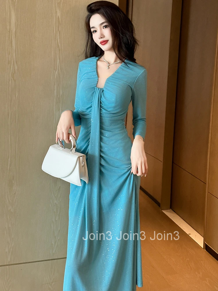 French Style Blue Sparkly Long Evening Dress Ladies Women Clothing Elegant V-Neck Slim Midi Party Prom Robe Femme Mujer Vestidos