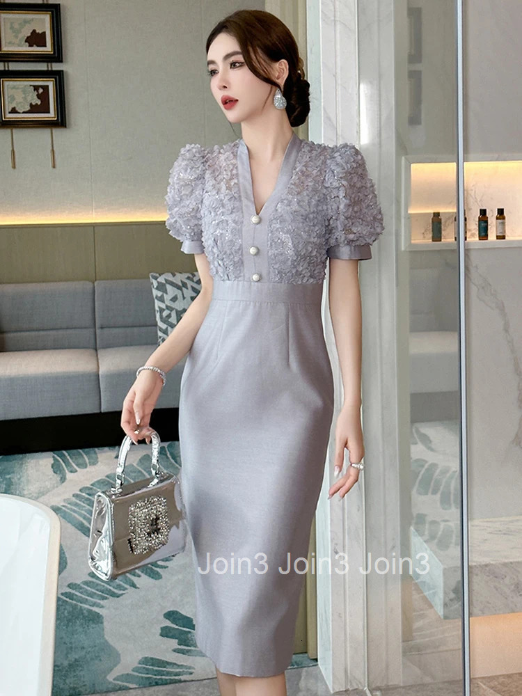 Summer Fake 2 Pieces Elegant Office Formal Occasion Pencil Dress Women Clothes Commute Puff Sleeve Slim High Waist Midi Vestidos