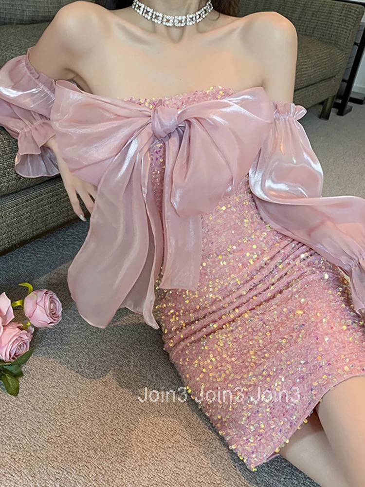 Spring Autumn Women Evening Dress Chic Pink Sweet Sparkly Sequin Sexy Chest Wrapping Slim Midi Party Prom Birthday Mujer Vestido