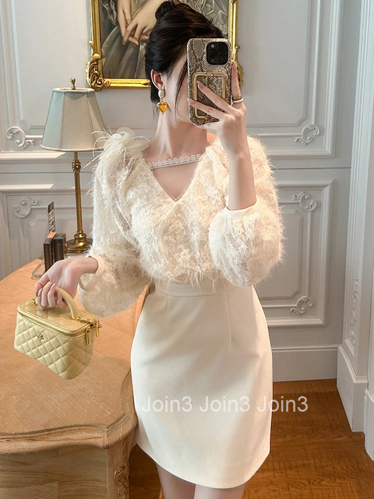 Women Clothes Sweet Fake 2-Piece Lantern Sleeves Slim Short Dress Elegant Ladies Fashion Party Vestidos Casual Formal Occasion