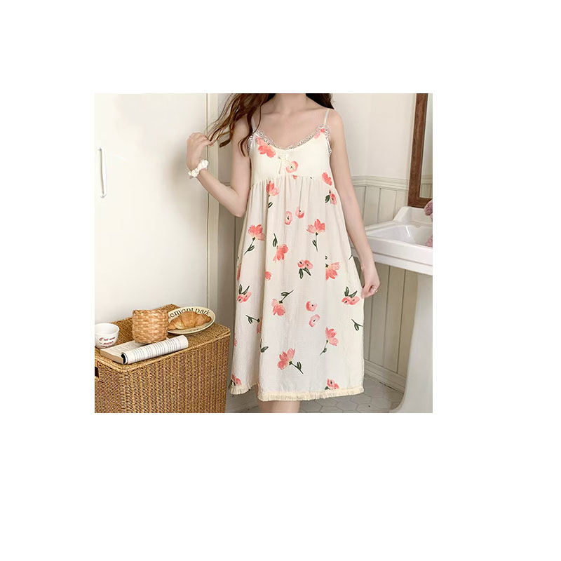 2025 women's models spring and summer sweet ins style halter mid-length loose nightgown female home dress tulips hot-sale products