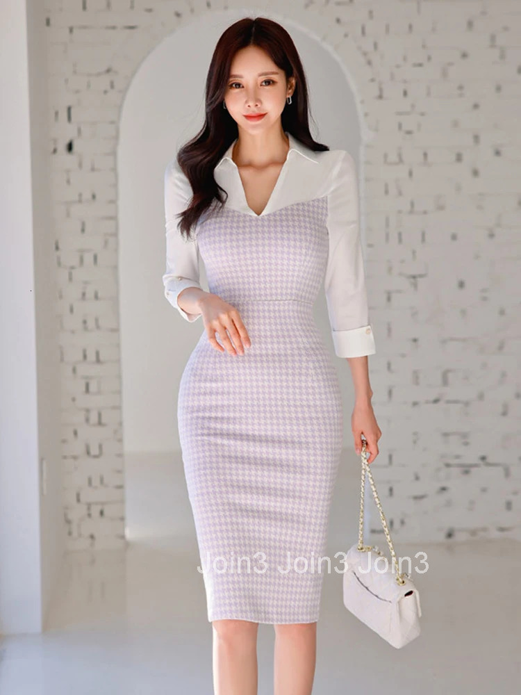 New Spring Autumn Elegant Women Evening Dress Chic Casual Houndstooth V-Neck Slim Slit Midi Pencil Street Clothes Mujer Vestidos
