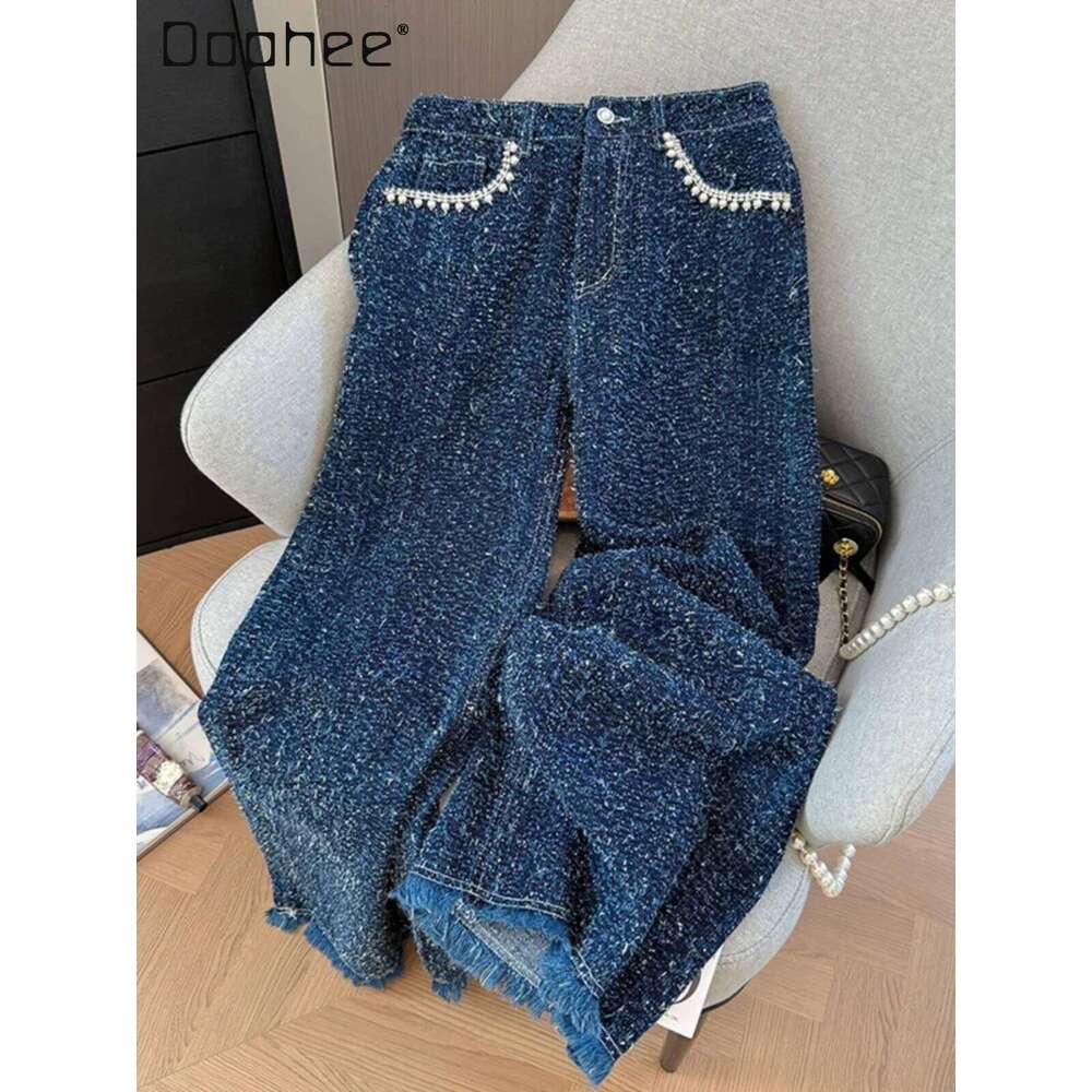 Hong Kong Style Spring Autumn OL High-End Tweed High-Waisted Pearl Rhinestone Pocket Straight Jeans Korean Chic Wide Leg Pants