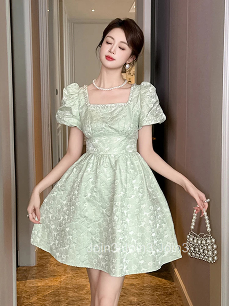 New Summer Fashion Sweet Floral Square Collar A-Line Dress Women Clothes Retro Puff Sleeve Corset Slim Short Party Prom Vestidos