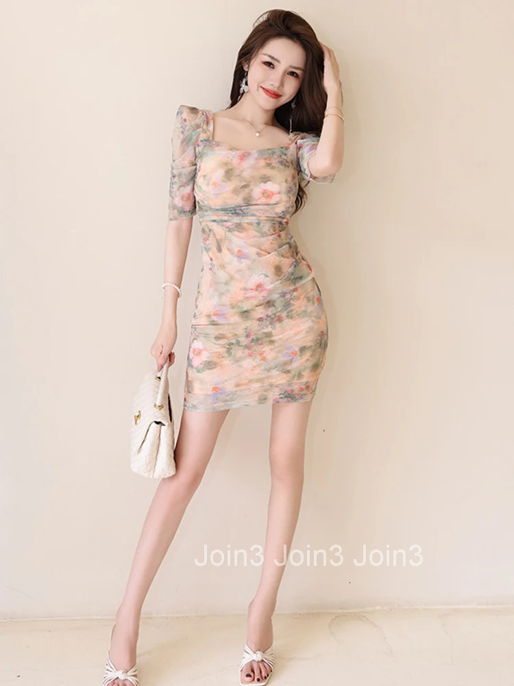 Summer Elegant Women Evening Dress Mesh Floral Square Collar Folds Slim Mini Party Club Prom Beach Femme Mujer Stretchy Vestidos