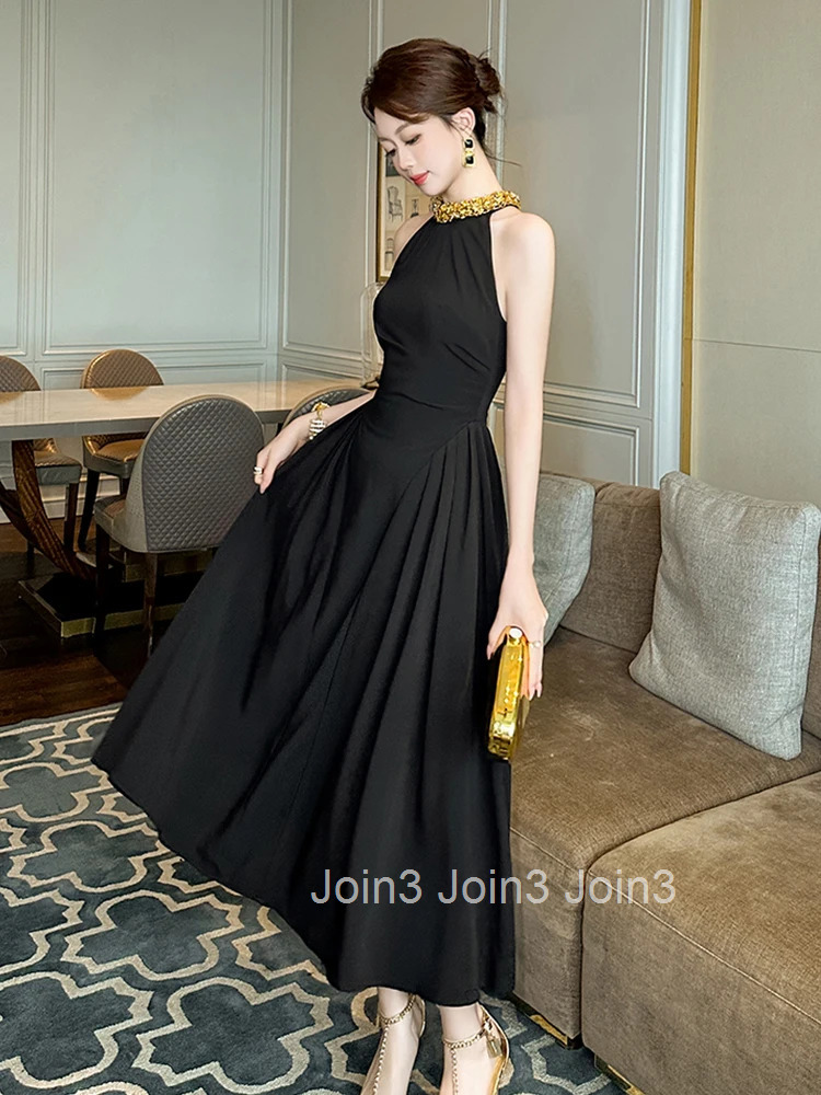 Summer Fashion Black Sexy Halter Evening Dress Women Clothes Elegant Sleeveless Slim Midi A-Line Robe Party Club Prom Vestidos