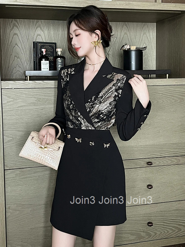 New Autumn Black Formal Occasion Asymmetrical Short Dress Women Clothes Commute Elegant Lace Patchwork Long Sleeve Slim Vestidos