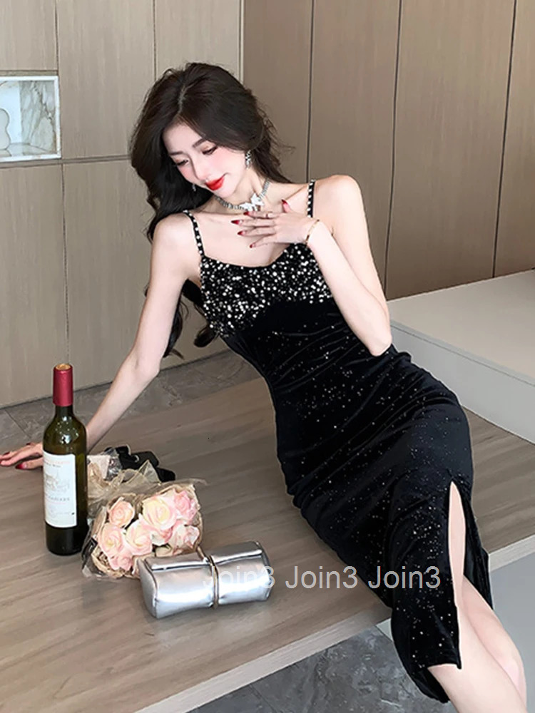 Fashion Lady Retro Velvet Sparkly Sequin Black Evening Dress Women Clothes Elegant Sexy Strap Slim Slit Party Club Prom Vestidos