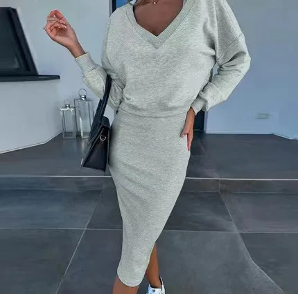 Fashion Two Piece Set Dress Autumn Sexy V Neck Long Sleeve Pullover Top And Skirts 250614