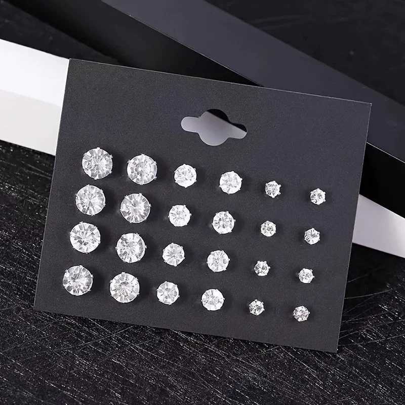 New 12 Pair Pack White Shiny Wedding Stud Earrings Set For Women Men Crystal Rhinestone Earrings Party Jewelry Accessories Gifts XJ250623