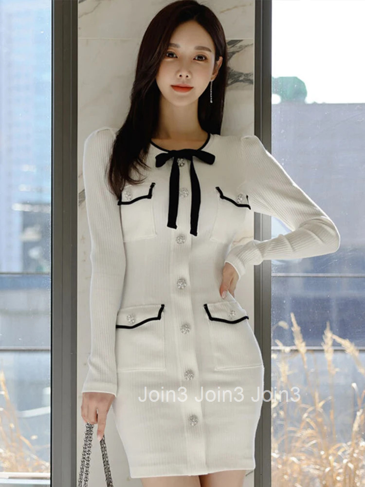 Korean Fashion Autumn Winter Knitted Short Dress Mujer Women Ladies Sweater O-Neck Long Sleeve Skinny Vestidos Stretchy Clothes