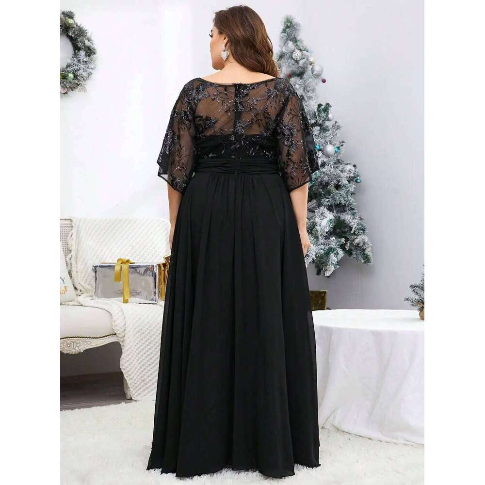 Mgiacy Plus Sizev-Neck Sequin Embroidered See-Through Large Trumpet Sleeve Patchwork Chiffon Full Skirt Evening Gown Ball Dress
