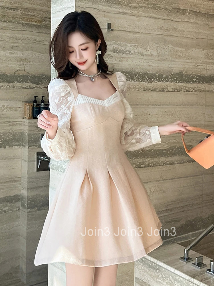 New Autumn Fashion Casual Sweet Square Collar A-Line Short Dress Women Clothing Elegant Lace Patchwork Long Sleeve Slim Vestidos