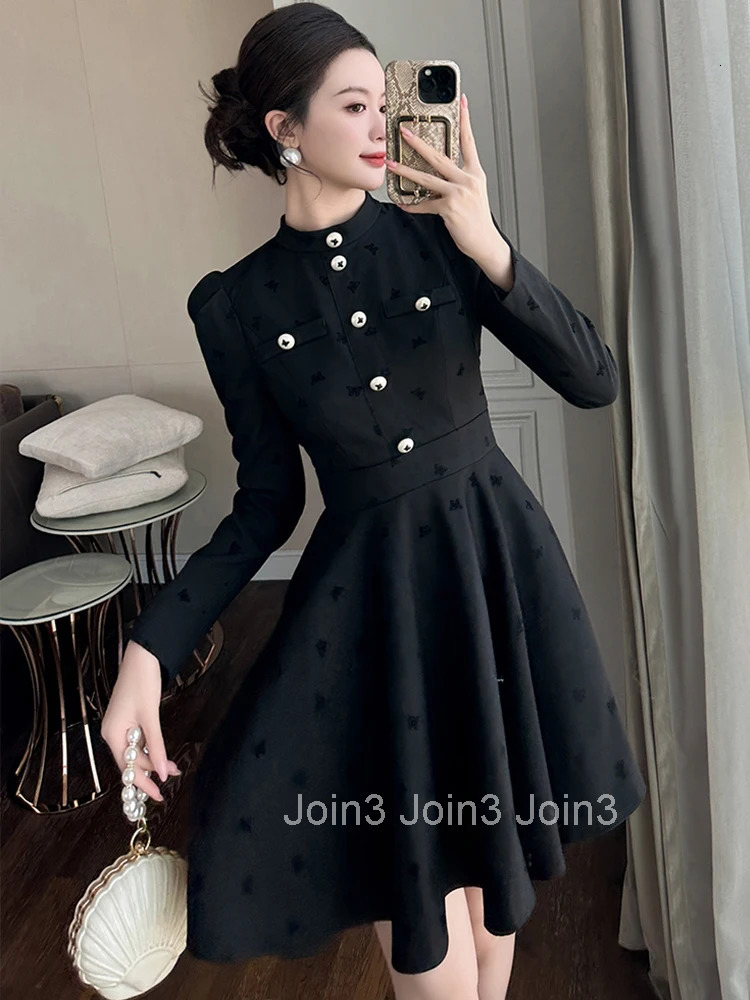 Women Clothes Black Embroidery Stand Neck Slim A-Line Mini Short Dress Elegant Fashion Party Vestidos Casual Formal Occasion New