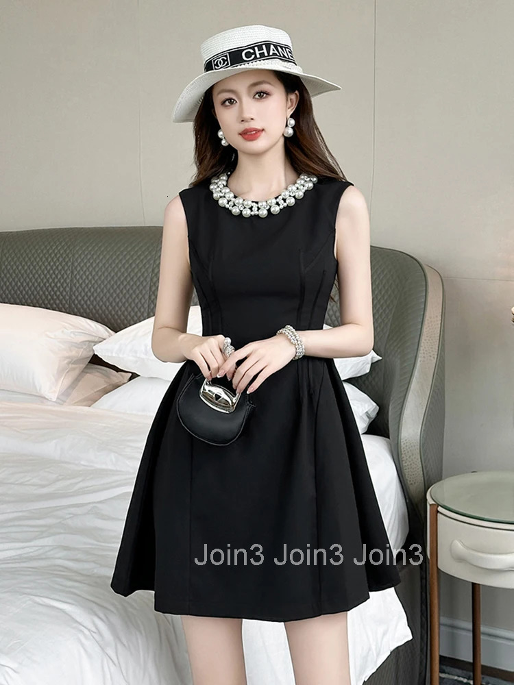 Summer Fashion Black Gown Evening Dress Women Clothes Elegant Retro Pearl Sleeveless Slim Short A-Line Party Club Prom Vestidos