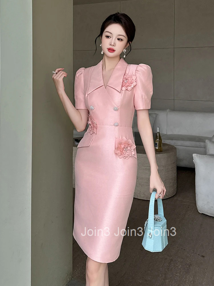 New Elegant Summer Fashion Pink Business Formal Occasion Dress Women Bubble Sleeve Slim Pencil Party Prom Vestido Street Clothes