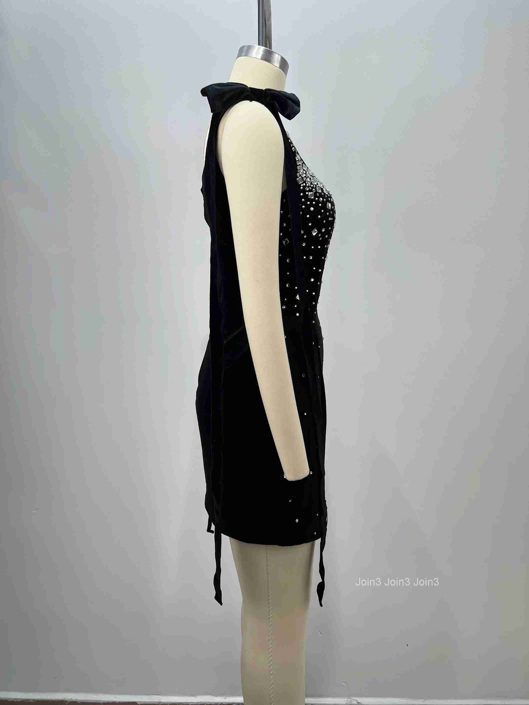 Womens Black Bandage Dress Sequin Crystal Embellished Crisscross Straps Backless Mini Evening Gown Formal Party Wear
