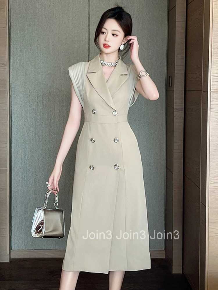 Summer Business Elegant Office Formal Occasion Dress Women Clothes Commute Classic Sleeveless Double Breasted Slim Midi Vestidos