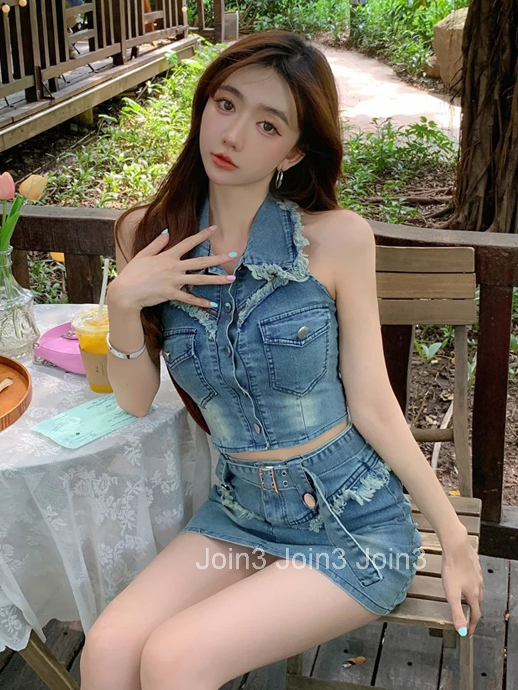 Street Clothes Y2K Denim Fashion Summer 2 Piece Outfit Women Sexy Halter Sleeveless Short Cropped Tops Mini Skirt Mujer Slim Set