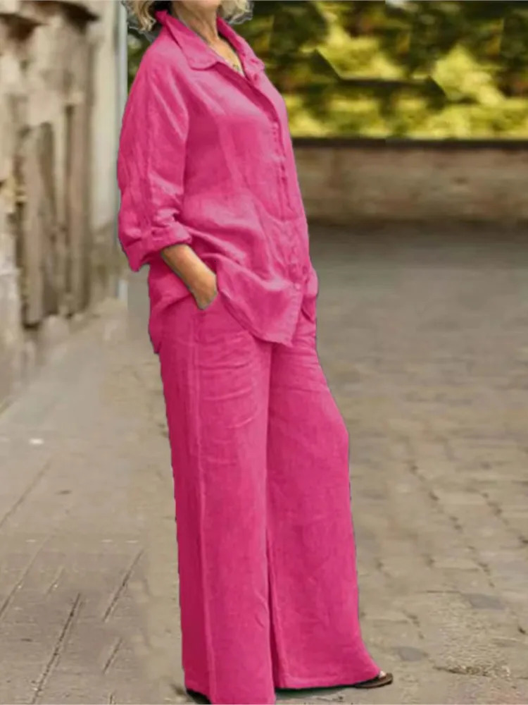 Fashion Cotton Linen Shirt Long Sleeved Womens Set Spring Autumn Loose Wide Leg Trousers Female Office 2piece 250614