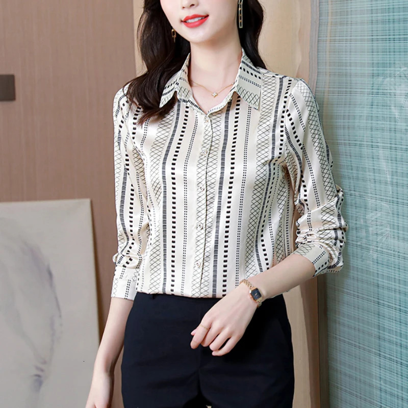 Satin Women Shirt 2025 Autumn Clothes Women Vintage Blouses Office Lady Long Sleeve Blouse Button Up Shirt OL Print Womens Tops 250617