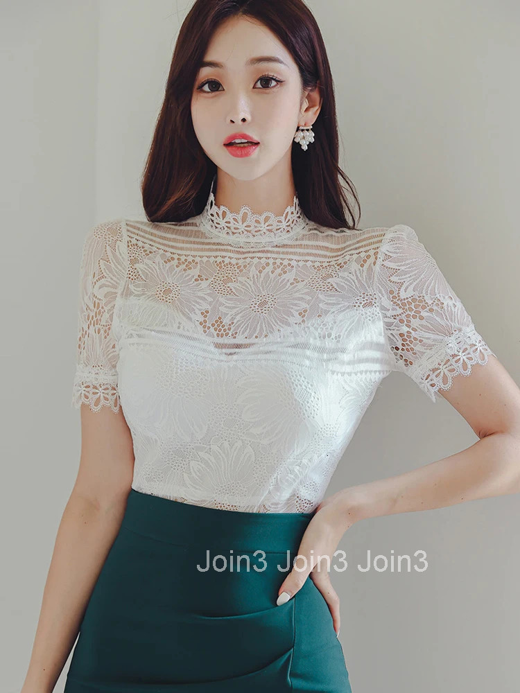 Summer Women Clothes Fashion Elegant 2 Pieces Outfit Sheer Sexy Lace White Tops Shirt Blouse And High Waist Midi Skirt Mujer Set