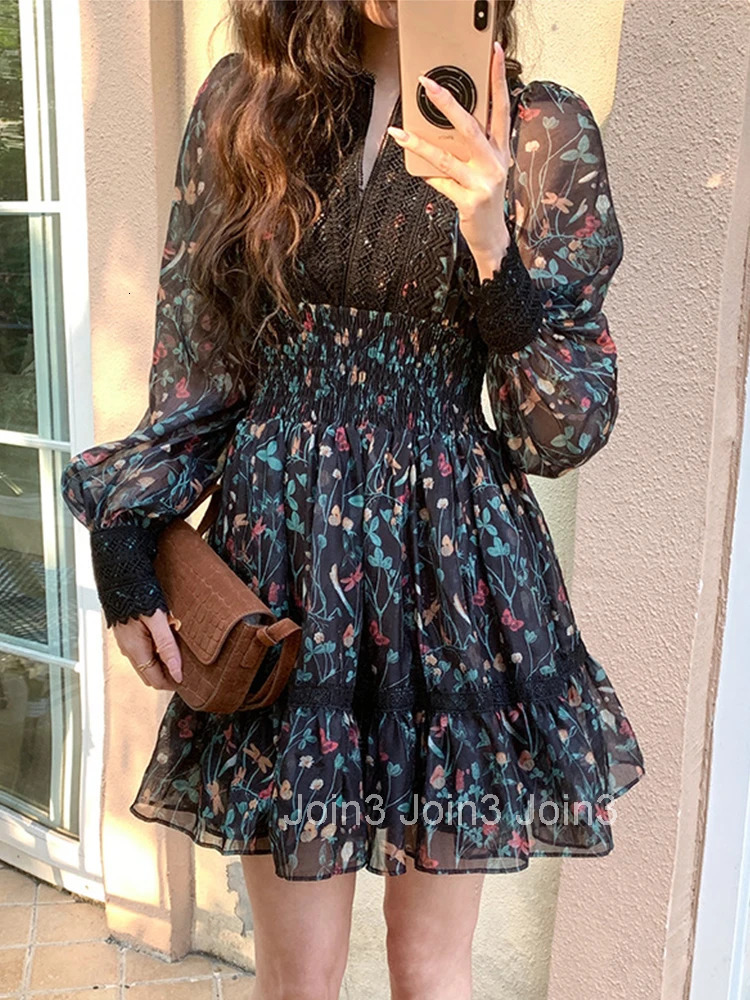 French Style Fashionable Retro Dress Women Cute Print Lace High Waist Ball Gown Lady Coffee Break Street Vestido Holiday Clothes