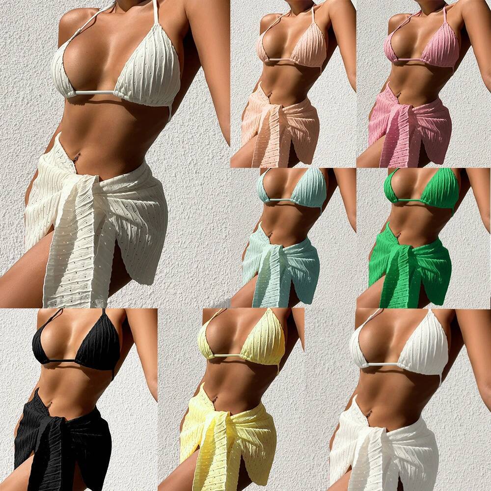 2025 New Women 3 Piece Set Sexy Mesh Elastic Fabric Green/White/Black/Yellow Bikini Lace Up Swimwear Halter Bathing Suit