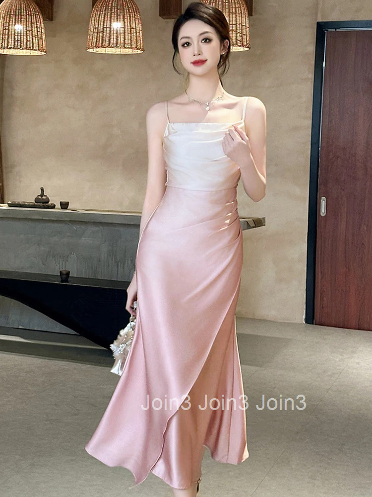 New Summer Fashion Lady Satin Vacation Evening Dress Women Clothing Sweet Sexy Strap Slim Long Party Prom Vestidos Fiesta Robe