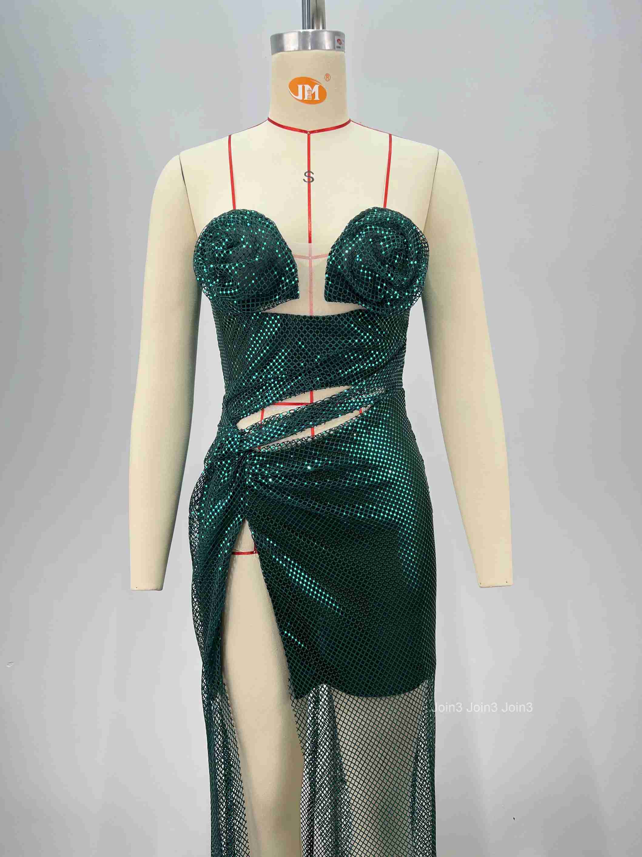 Womens Green Bandage Dress Off-Shoulder Sequin 3D Floral Appliques Cut-Out High Slit Sheer Mesh Evening Gown