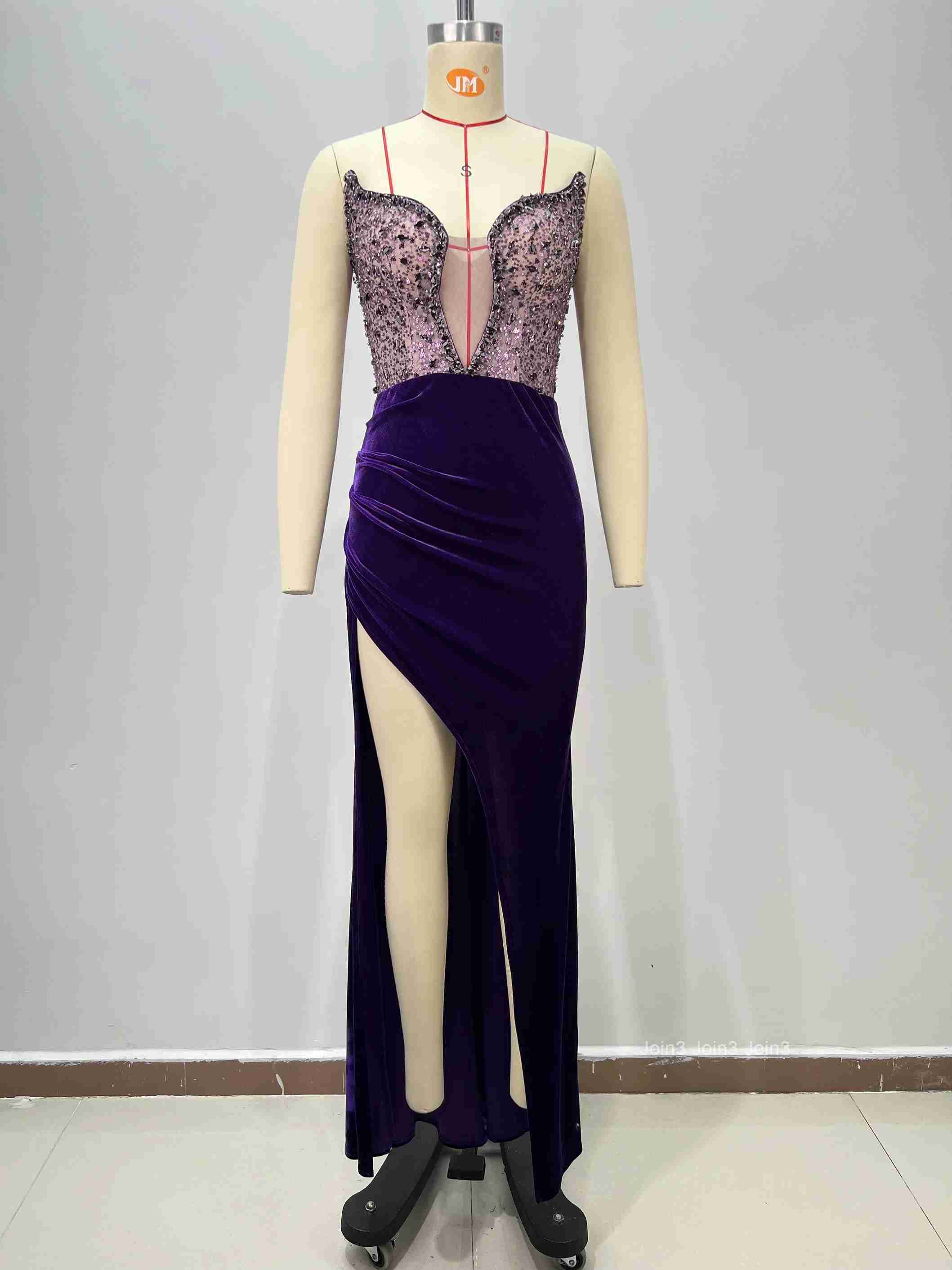 Womens Bandage Crystal Embellished Strapless Dress with High Slit Sexy Purple Evening Gown Prom Party Dress