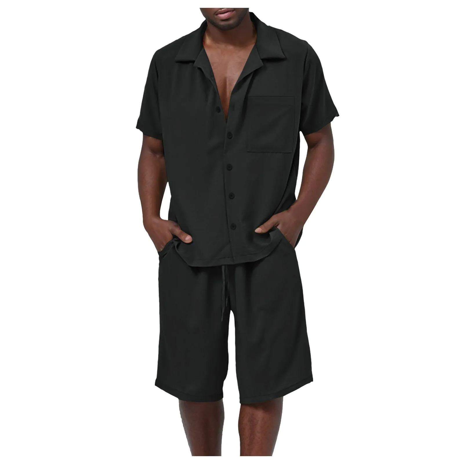 Mens Short Sleeve Shorts Two Piece Set Solid Color Button Down Beachwear Summer Loose-Fit Cardigan Tops Shorts Male Outfit 250617